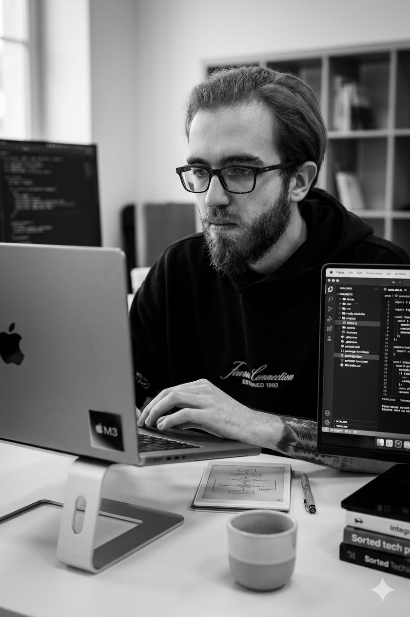 Nicolas au travail sur son ordinateur, en train de développer un site
